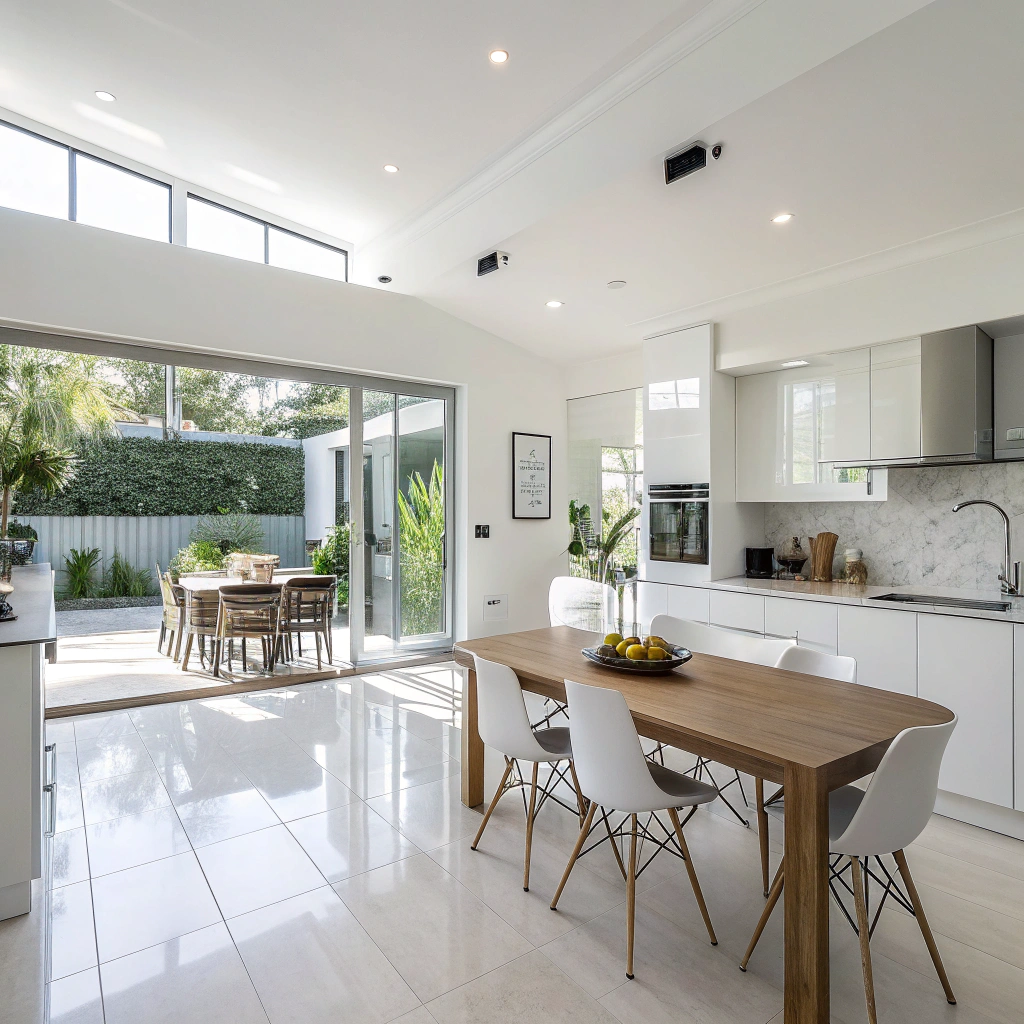Kitchen and dining area with Pure White walls that photograph bright