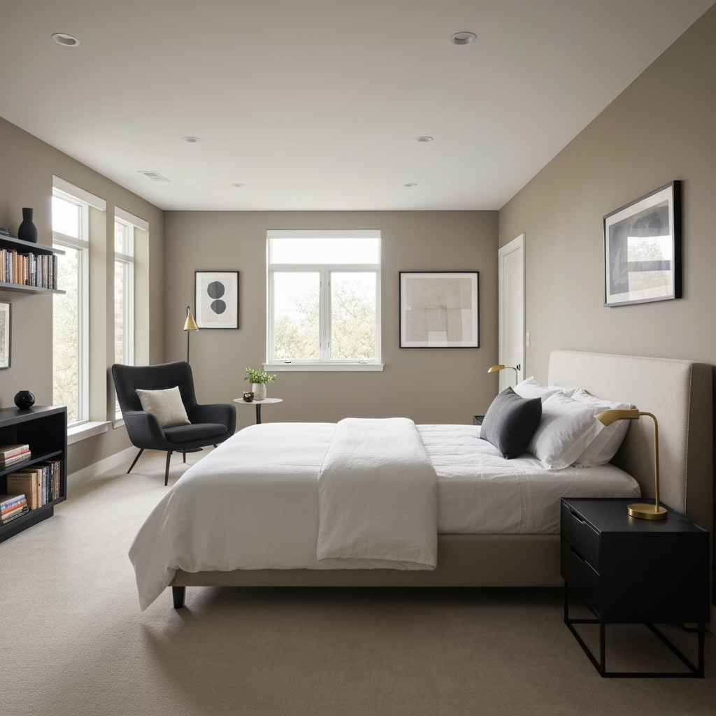 Primary bedroom in Pantone 7527 C, warm neutral with black accents