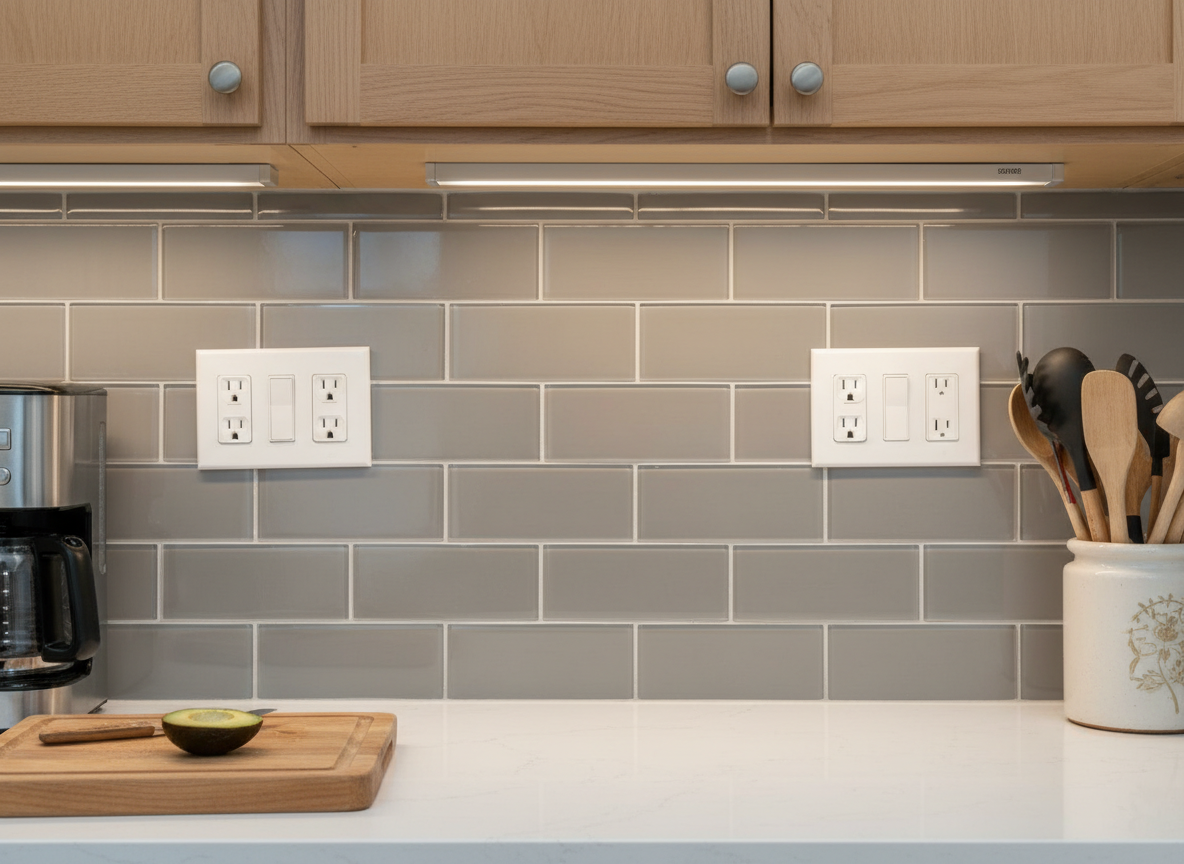 Backsplash edges sealed and outlets cut precisely